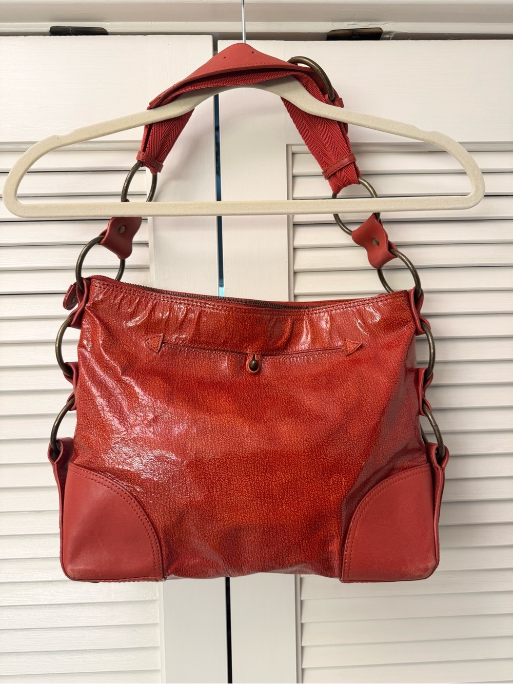 Vintage Donald J. Pliner Red/Orange Patent Leather Hobo Shoulder Bag O-Ring Y2K
